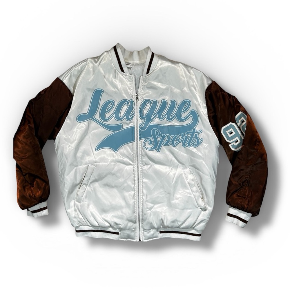 Birch and Stone Satin Varsity Style Jacket Size Small White Silk Brown Sleeves